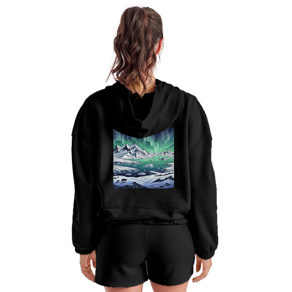 Women’s Colored Northern Lights Arctic Landscape Graphic Cropped Hoodie with Logo - black