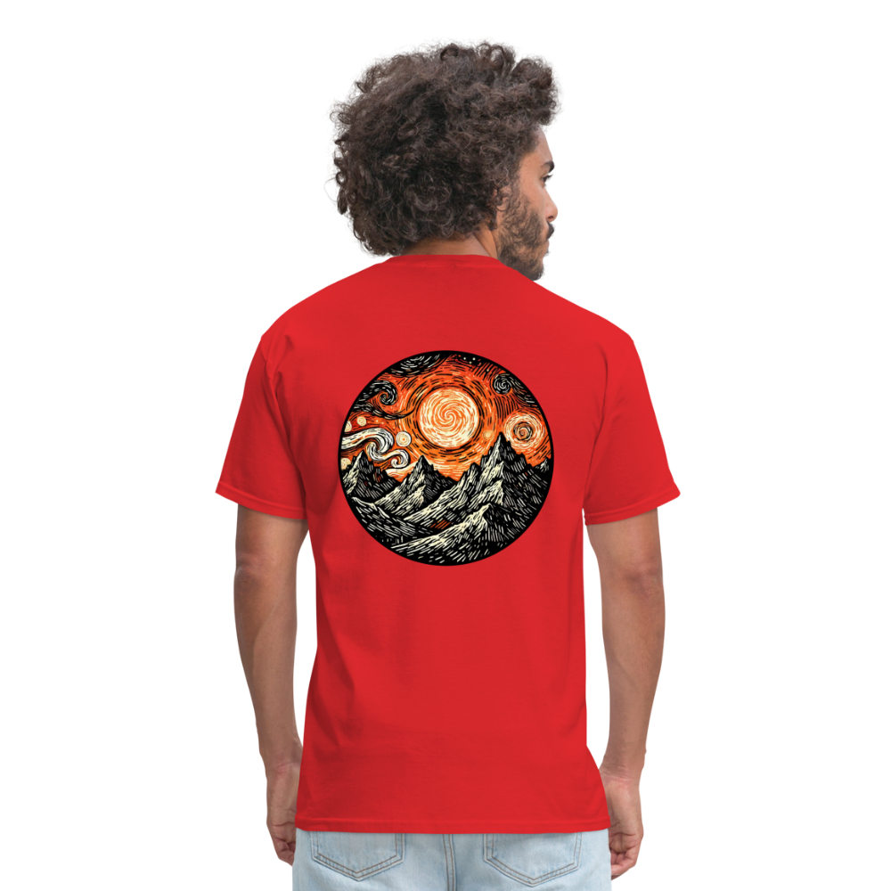 Orange Swirling Mountains Graphic Unisex Classic T-Shirt with Logo - red