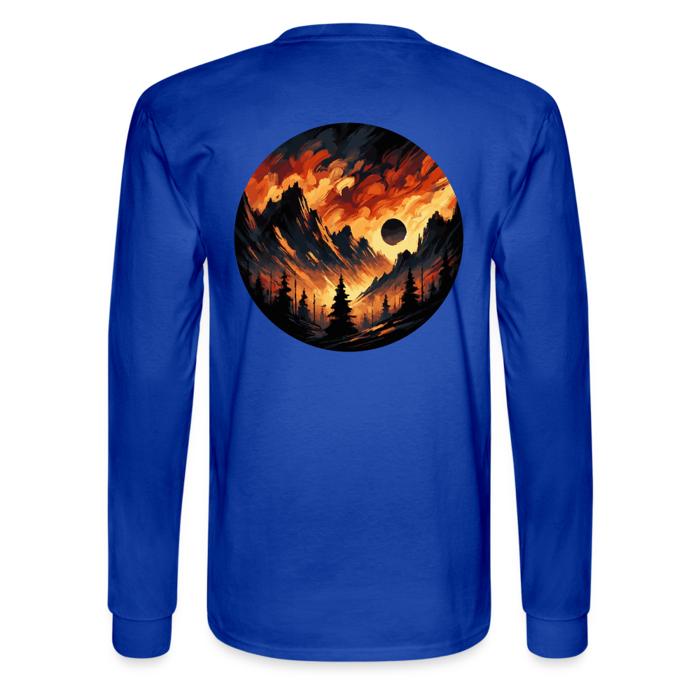 Men's Brushed Orange and Black Mountain Range Graphic Long Sleeve Shirt with Logo - royal blue