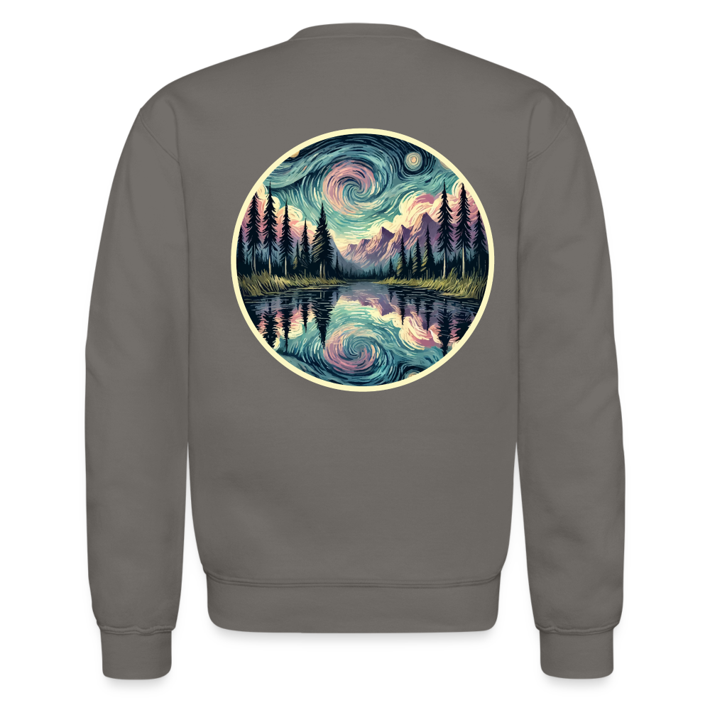 Purple Swirling Sky Reflected on Lake Graphic Crewneck Sweatshirt with Logo - asphalt gray