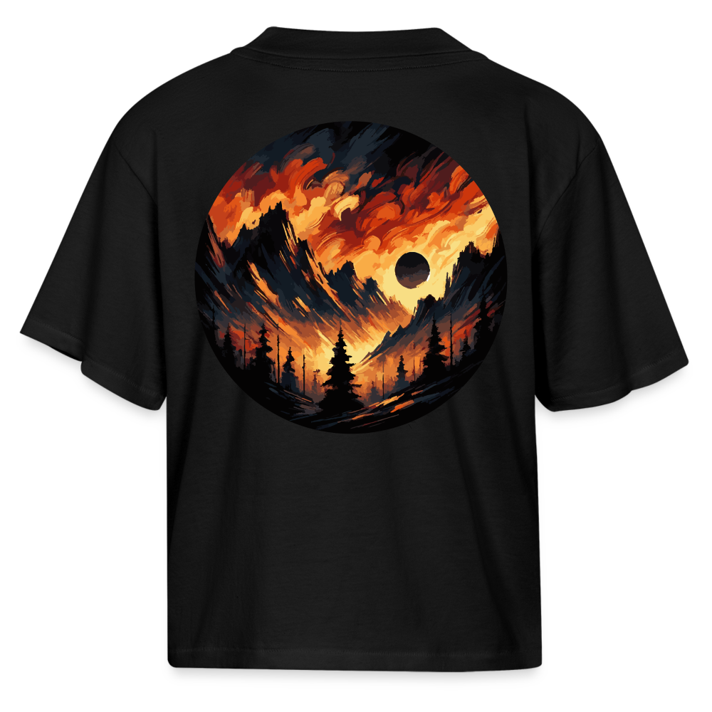 Women's Brushed Orange and Black Mountain Range Graphic Boxy Tee with Logo - black