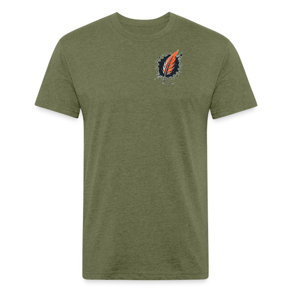 Orange and Black Mountain Range Graphic Unisex Fitted Cotton/Poly T-Shirt with Logo - heather military green