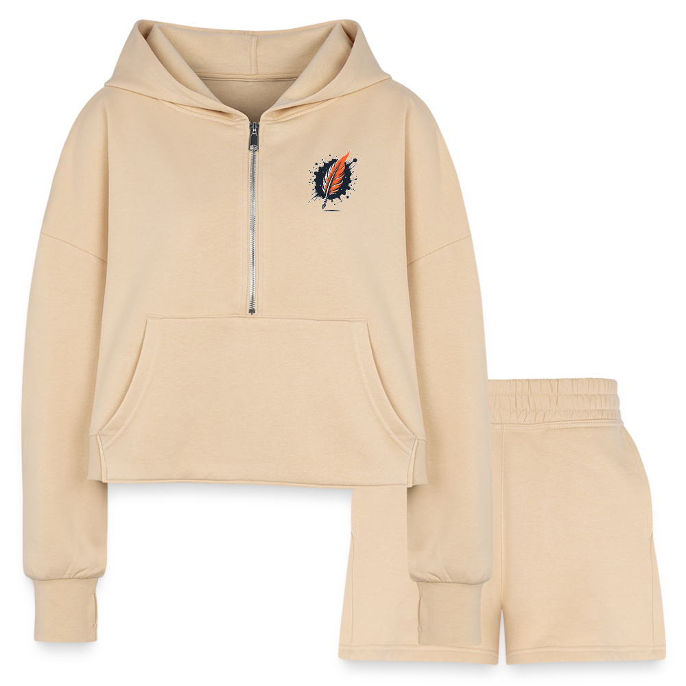 Women’s Colored Mountain Lake Landscape Graphic Half Zip Cropped Hoodie & Jogger Short Set with Logo - nude