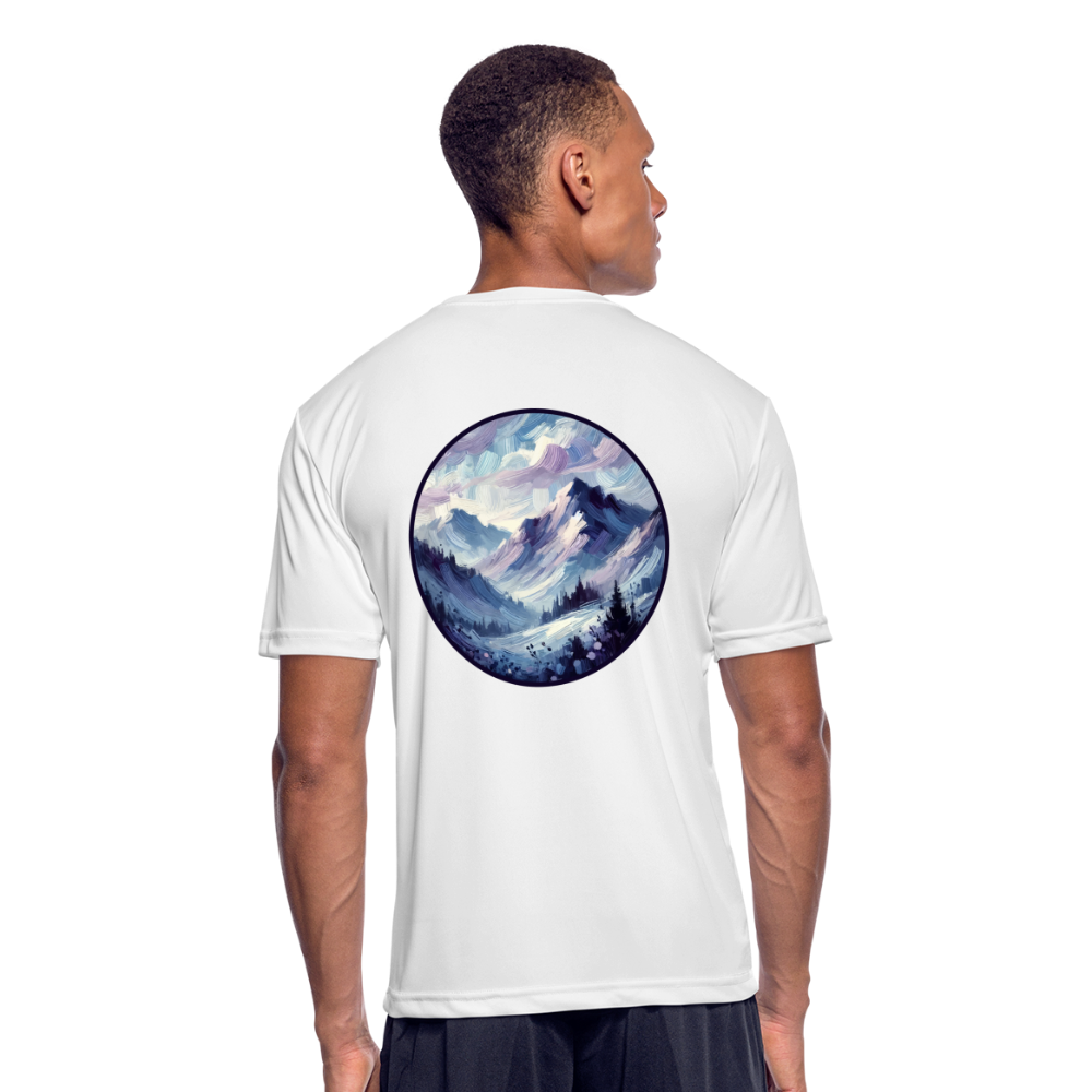 Men’s Lavender Blue Mountain Range Graphic Moisture Wicking Performance T-Shirt with Logo - white