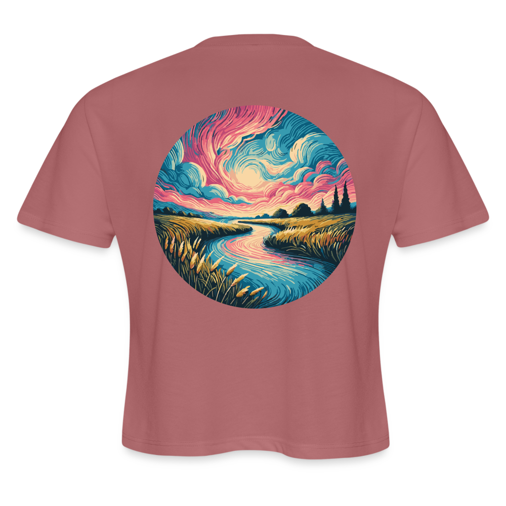 Women's River Pink and Blue Sky Graphic Cropped T-Shirt with Logo - mauve