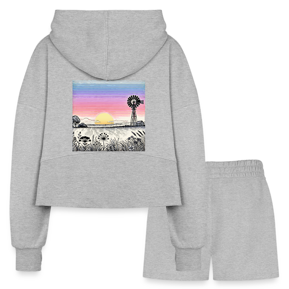 Women’s Colored Prairie Landscape Graphic Half Zip Cropped Hoodie & Jogger Short Set with Logo - heather gray