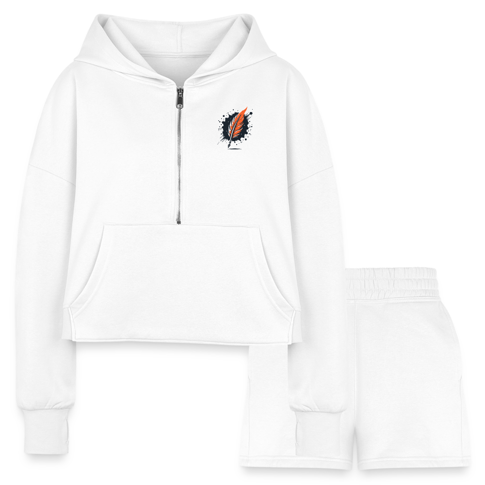 Women’s Beach Sunset Graphic Half Zip Cropped Hoodie & Jogger Short Set with Logo - white