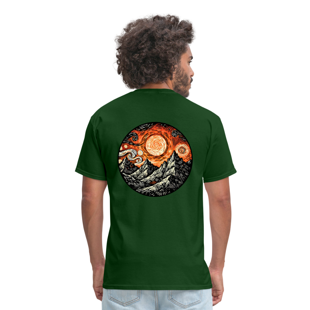 Orange Swirling Mountains Graphic Unisex Classic T-Shirt with Logo - forest green