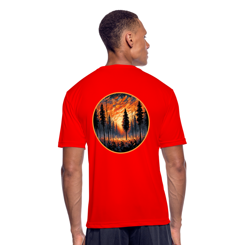 Men’s Orange Forest Sunset Graphic Moisture Wicking Performance T-Shirt with Logo - red