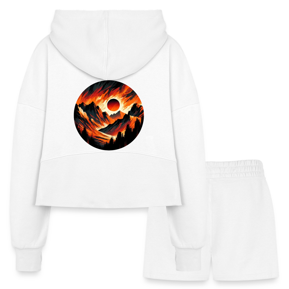 Women’s Orange and Black Mountain Range Graphic Half Zip Cropped Hoodie & Jogger Short Set with Logo - white