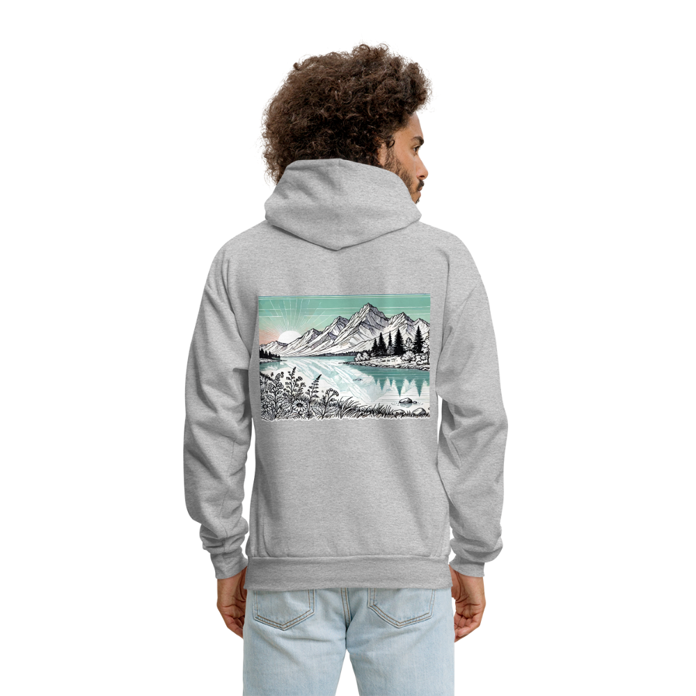 Men's Colored Mountain Lake Landscape Graphic Hoodie with Logo - heather gray