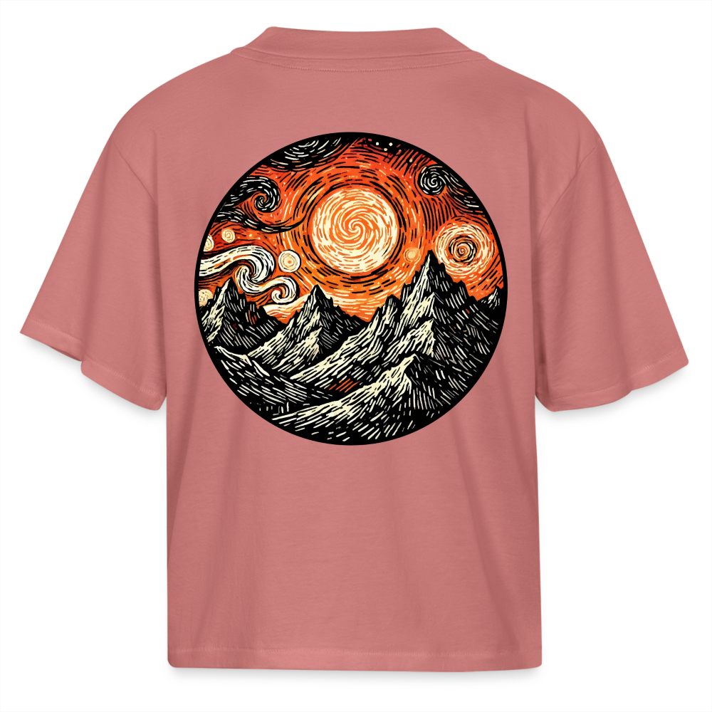 Women's Orange Swirling Mountains Graphic Boxy Tee with Logo - mauve