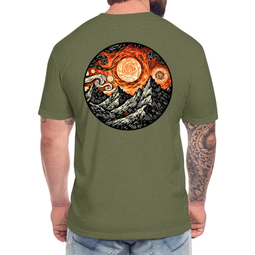 Orange Swirling Mountains Graphic Unisex Fitted Cotton/Poly T-Shirt with Logo - heather military green