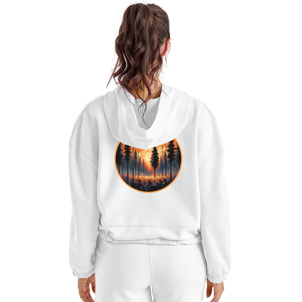 Women’s Orange Forest Sunset Graphic Cropped Hoodie with Logo - white