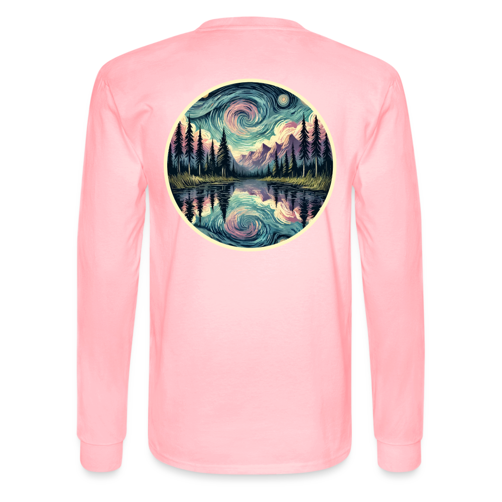 Men's Purple Swirling Sky Reflected on Lake Graphic Long Sleeve Shirt with Logo - pink