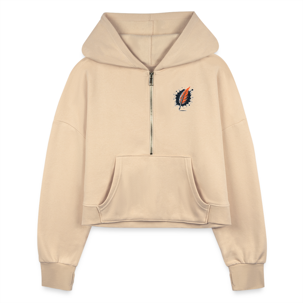 Women's Plain Half Zip Cropped Hoodie with Logo - nude