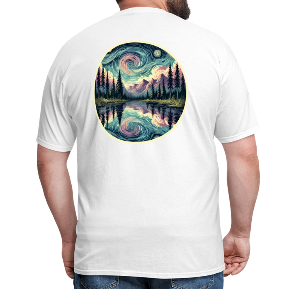 Purple Swirling Sky Reflected on Lake Graphic Unisex Classic T-Shirt with Logo - white