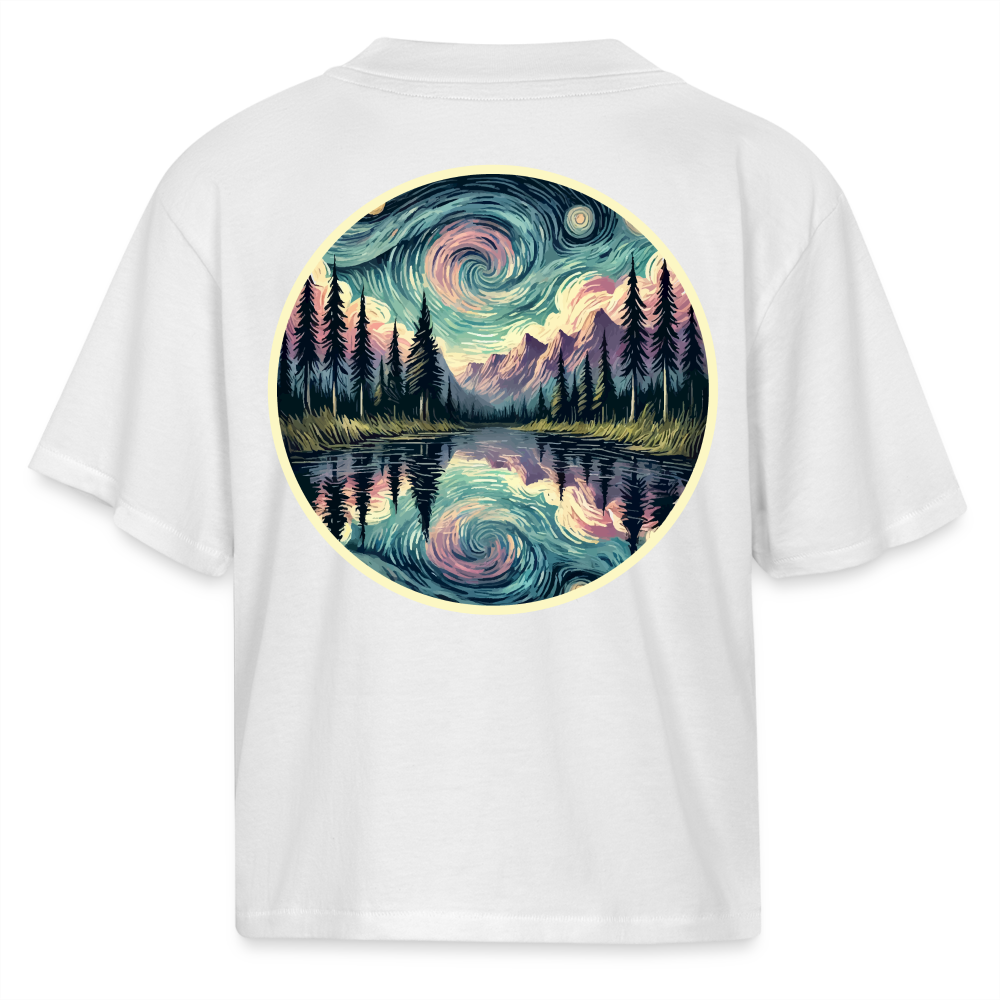 Women's Purple Swirling Sky Reflected on Lake Graphic Boxy Tee with Logo - white