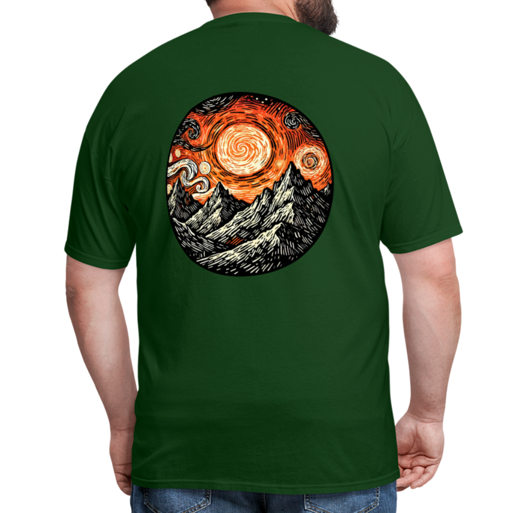 Orange Swirling Mountains Graphic Unisex Classic T-Shirt with Logo - forest green