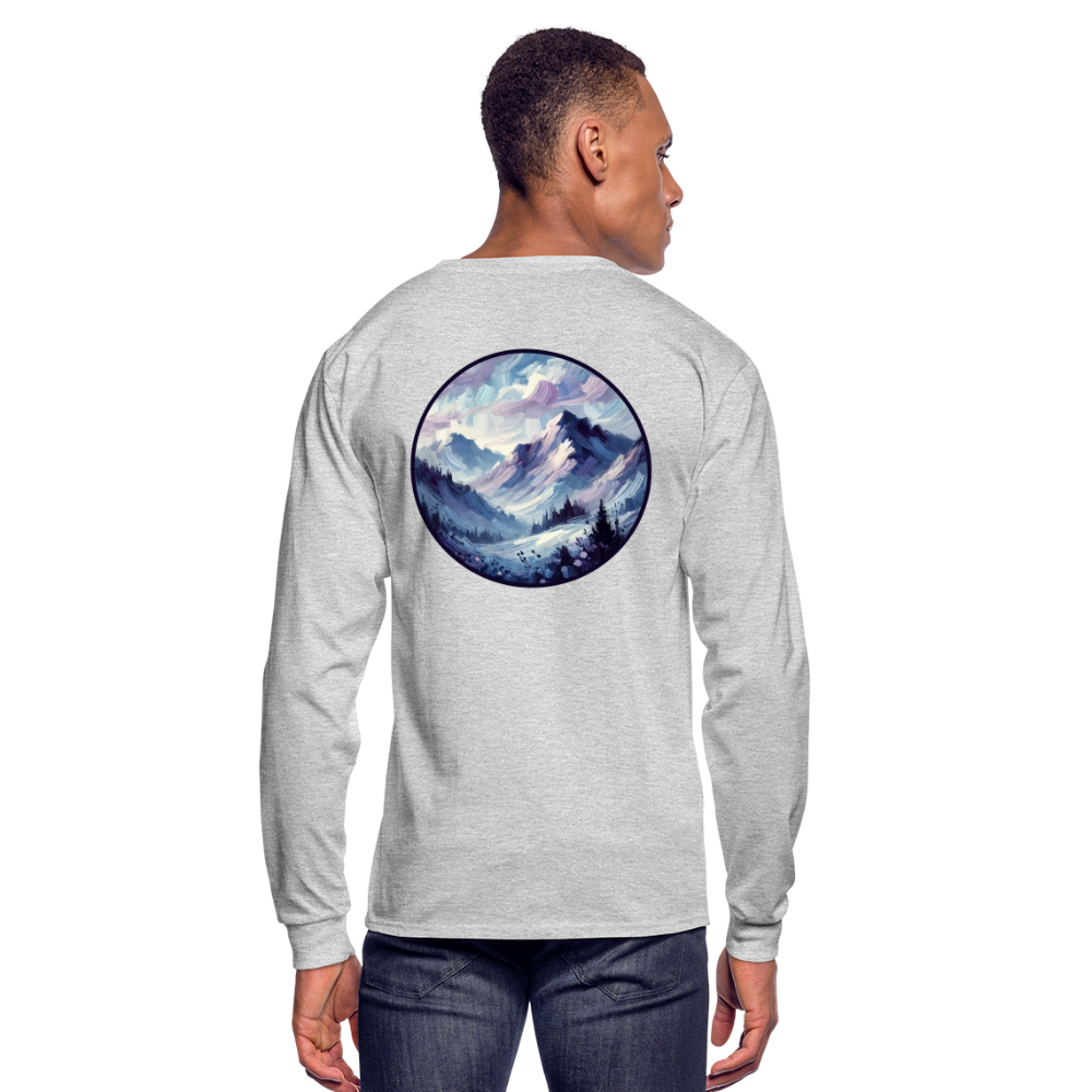 Men's Lavender Blue Mountain Range Graphic Long Sleeve Shirt with Logo - heather gray