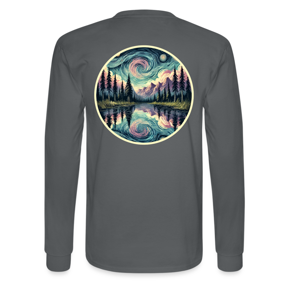 Men's Purple Swirling Sky Reflected on Lake Graphic Long Sleeve Shirt with Logo - charcoal