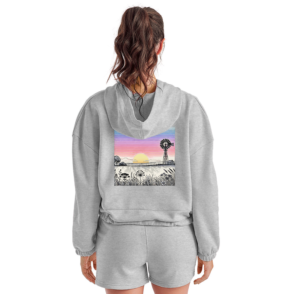 Women’s Colored Prairie Landscape Graphic Cropped Hoodie with Logo - heather gray