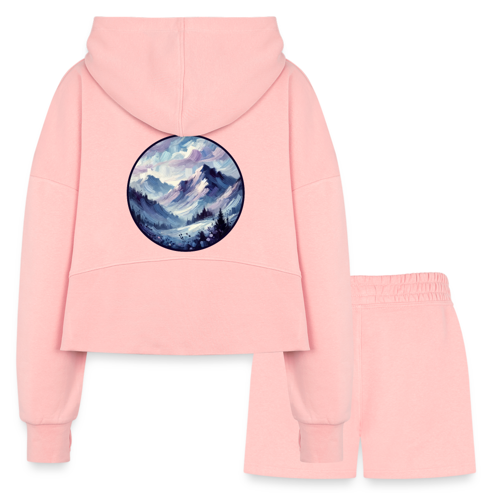 Women’s Lavender Blue Mountain Range Graphic Half Zip Cropped Hoodie & Jogger Short Set with Logo - light pink