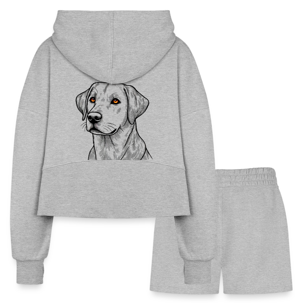 Women’s Fine Line Labrador Graphic Half Zip Cropped Hoodie & Jogger Short Set with Logo - heather gray