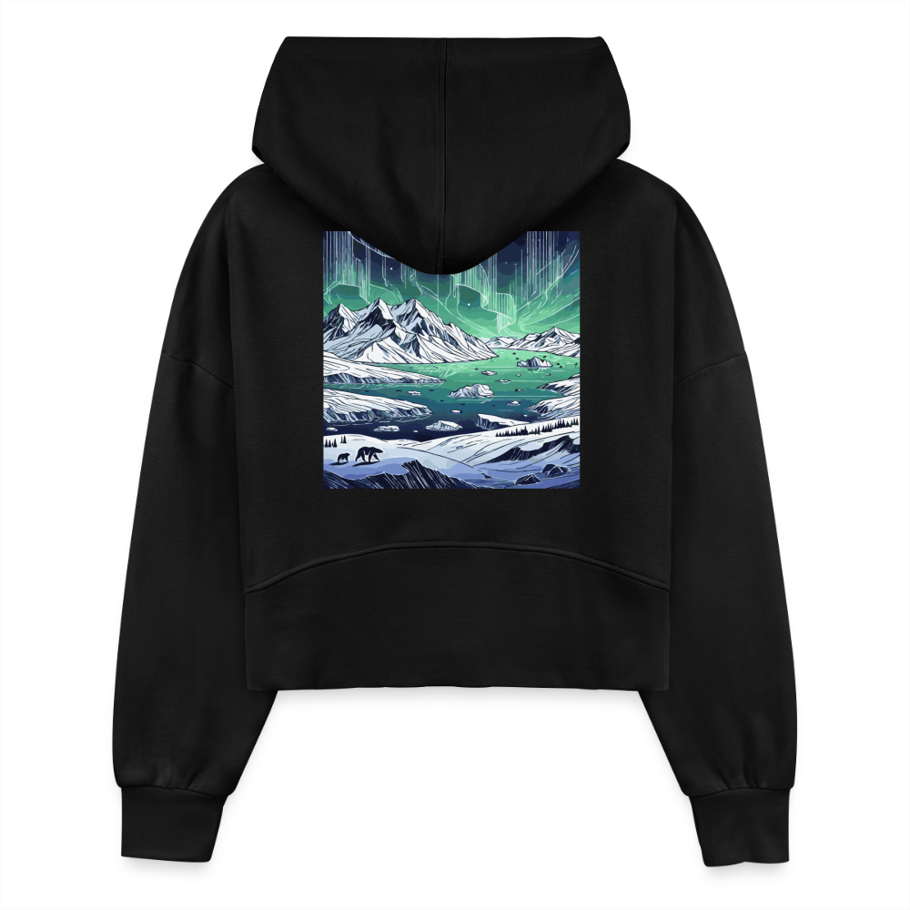 Women's Colored Northern Lights Arctic Landscape Graphic Half Zip Cropped Hoodie with Logo - black