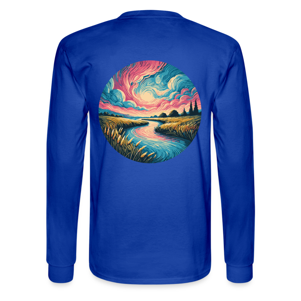 Men's River Pink and Blue Sky Graphic Long Sleeve Shirt with Logo - royal blue