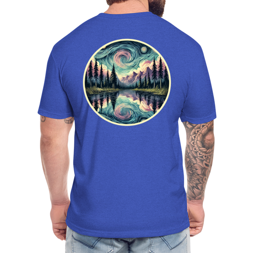 Purple Swirling Sky Reflected on Lake Graphic Unisex Fitted Cotton/Poly T-Shirt with Logo - heather royal