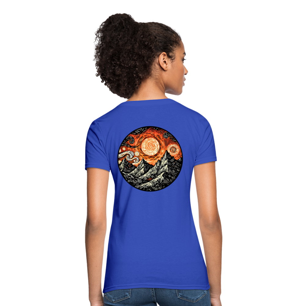 Women's Orange Swirling Mountains Graphic T-Shirt with Logo - royal blue