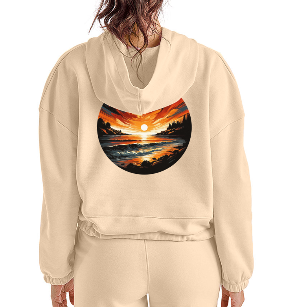 Women’s Beach Sunset Graphic Cropped Hoodie with Logo - nude