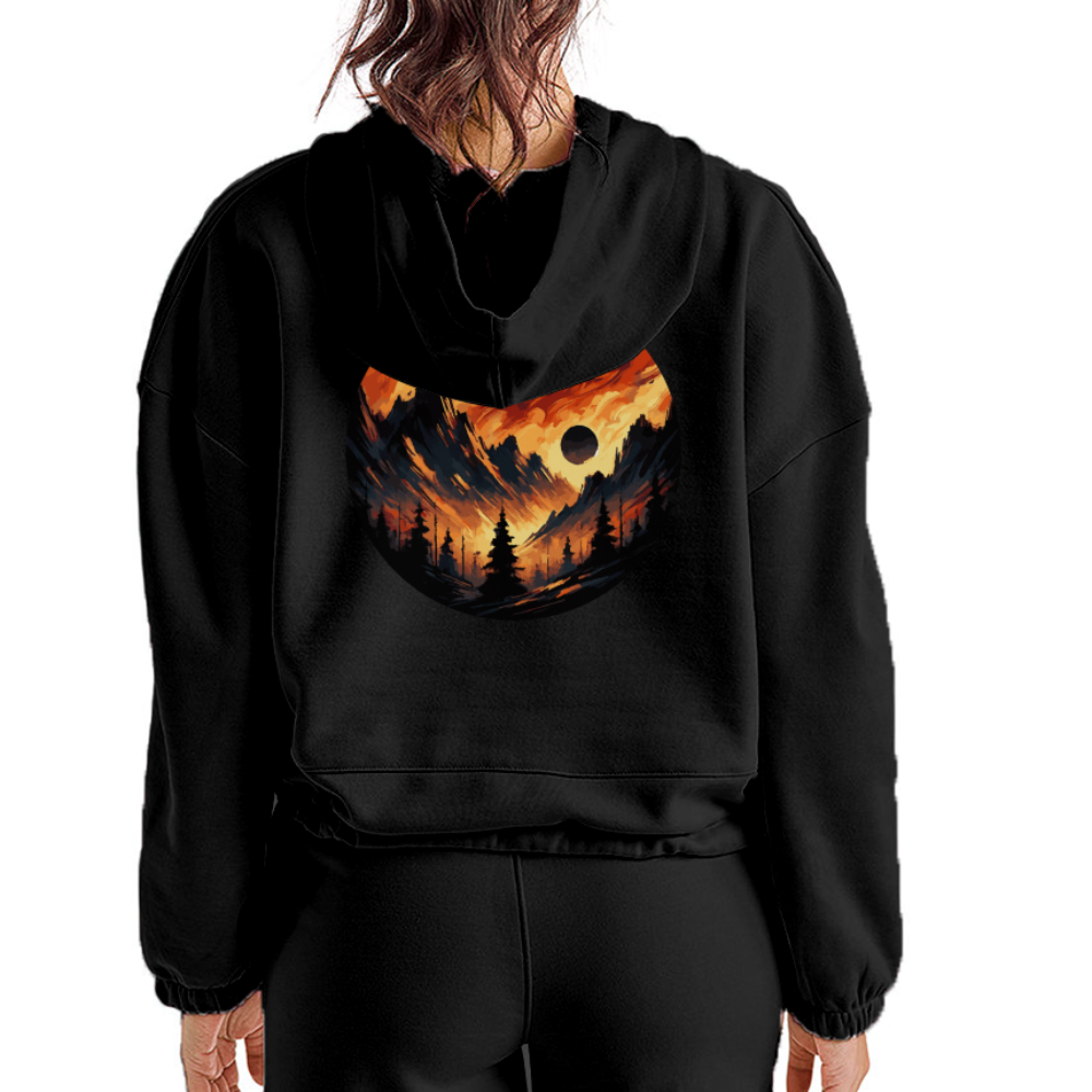 Women’s Brushed Orange and Black Mountain Range Graphic Cropped Hoodie with Logo - black