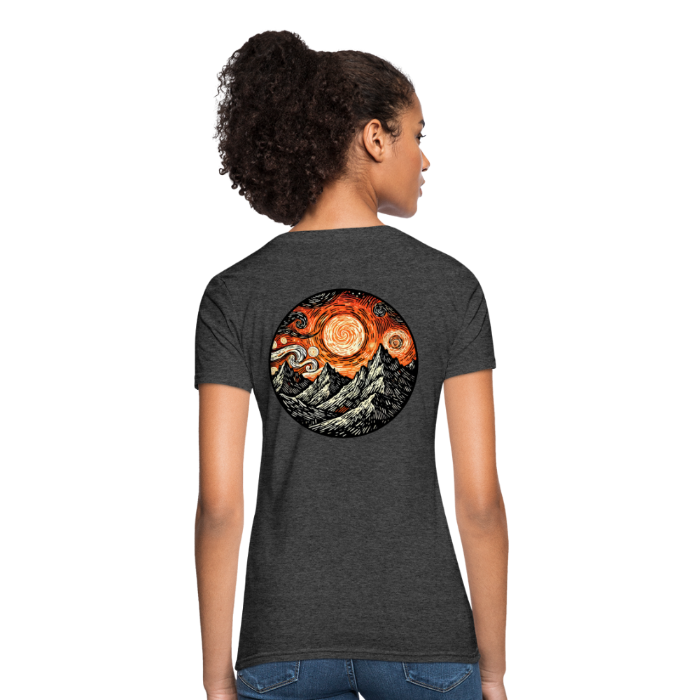 Women's Orange Swirling Mountains Graphic T-Shirt with Logo - heather black