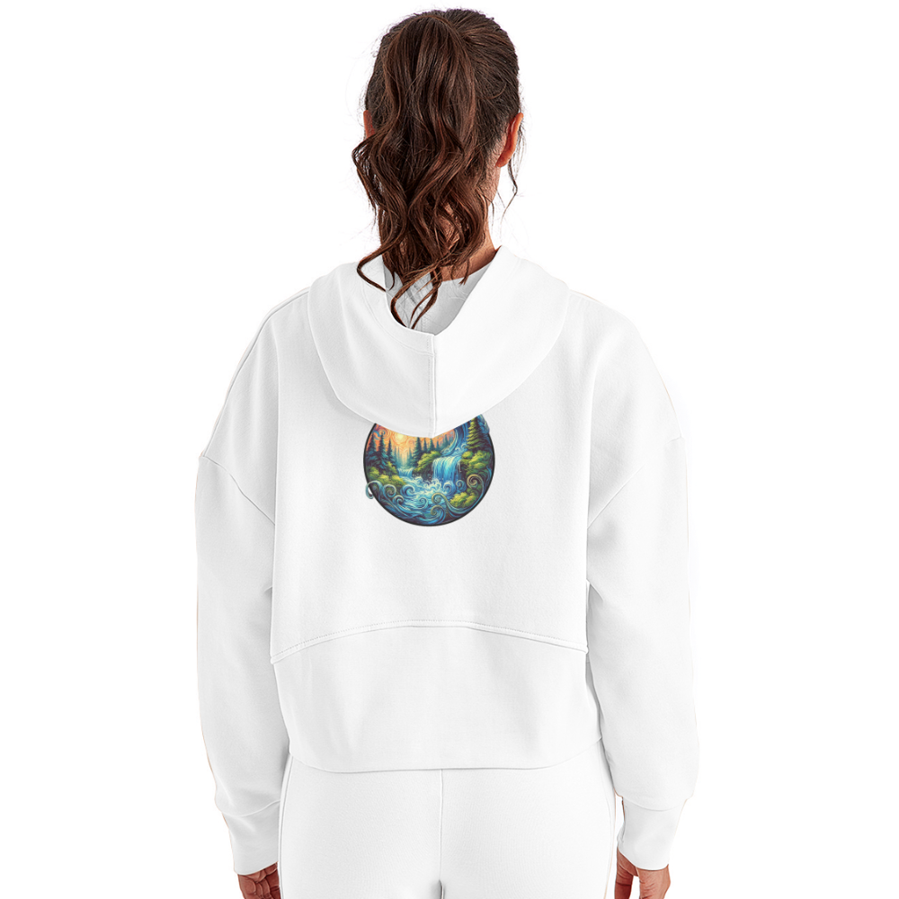 Women's Waterfall Graphic Half Zip Cropped Hoodie with Logo - white