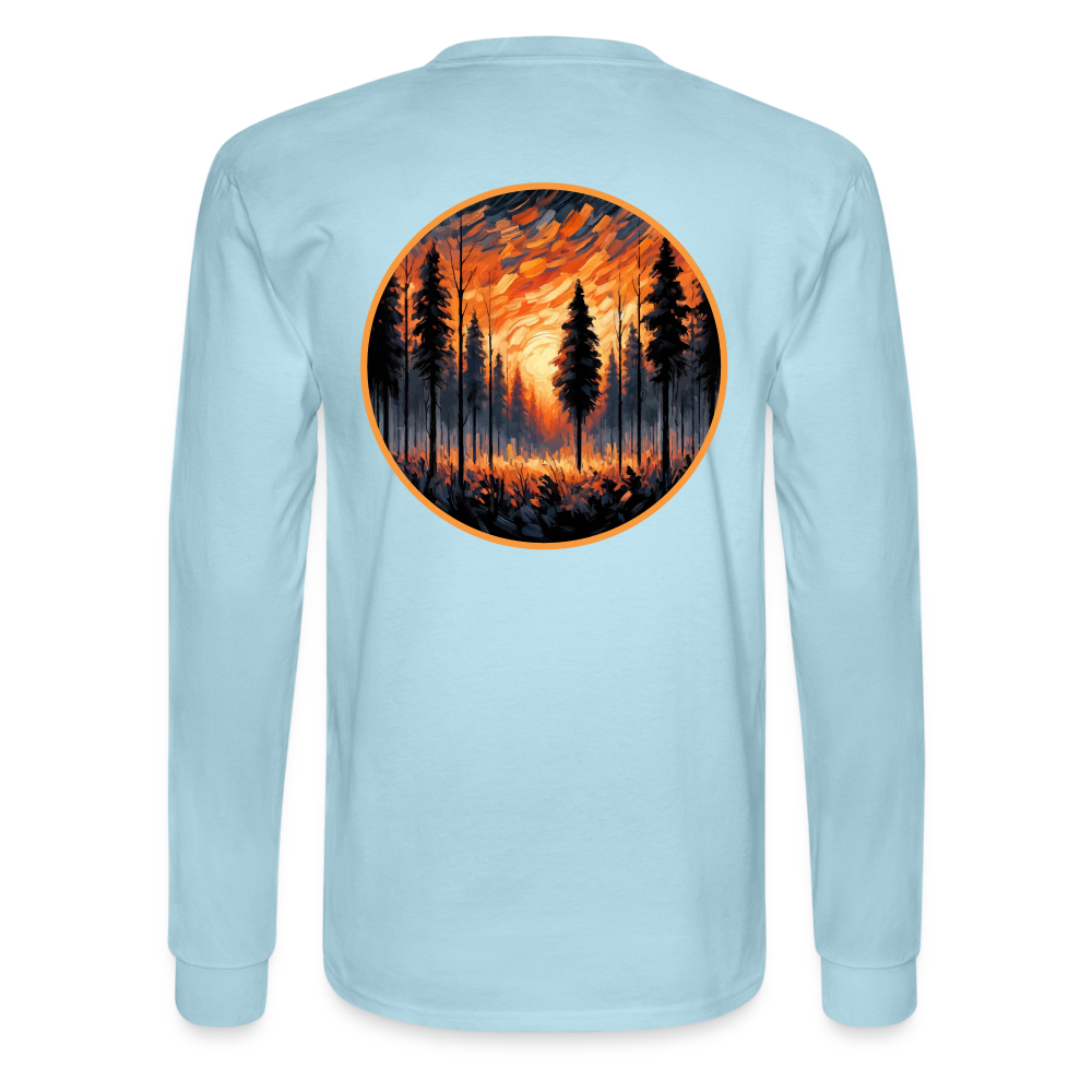 Men's Orange Forest Sunset Graphic Long Sleeve Shirt with Logo - powder blue