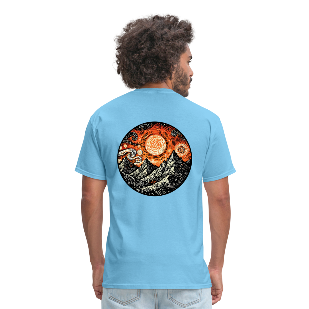 Orange Swirling Mountains Graphic Unisex Classic T-Shirt with Logo - aquatic blue