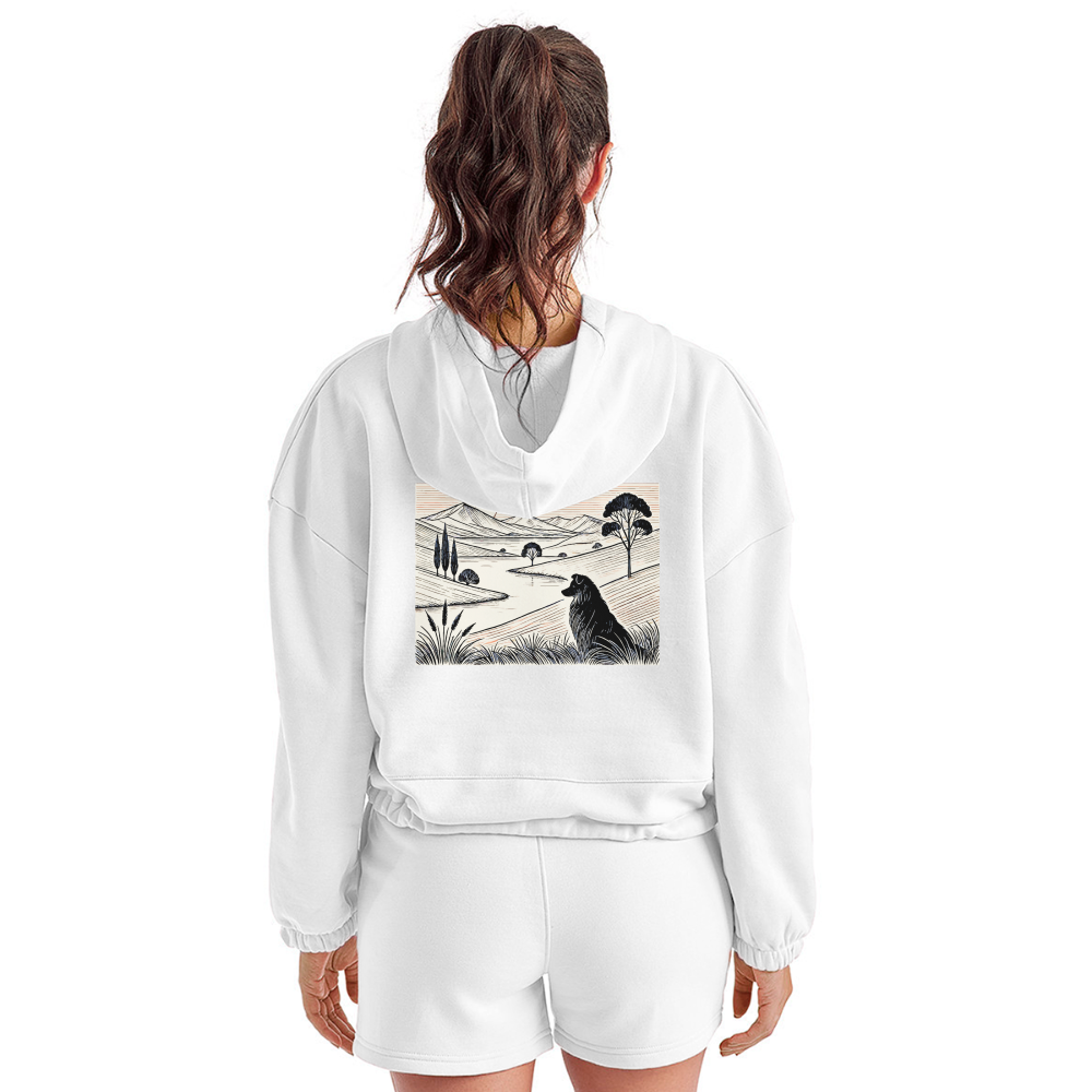 Women’s Australian Shepherd Prairie Graphic Cropped Hoodie with Logo - white