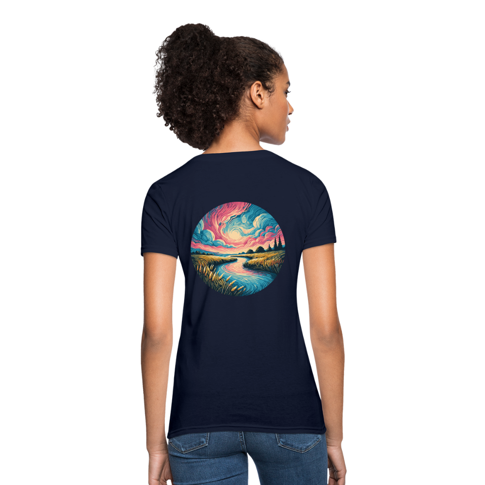 Women's River Pink and Blue Sky T-Shirt with Logo - navy