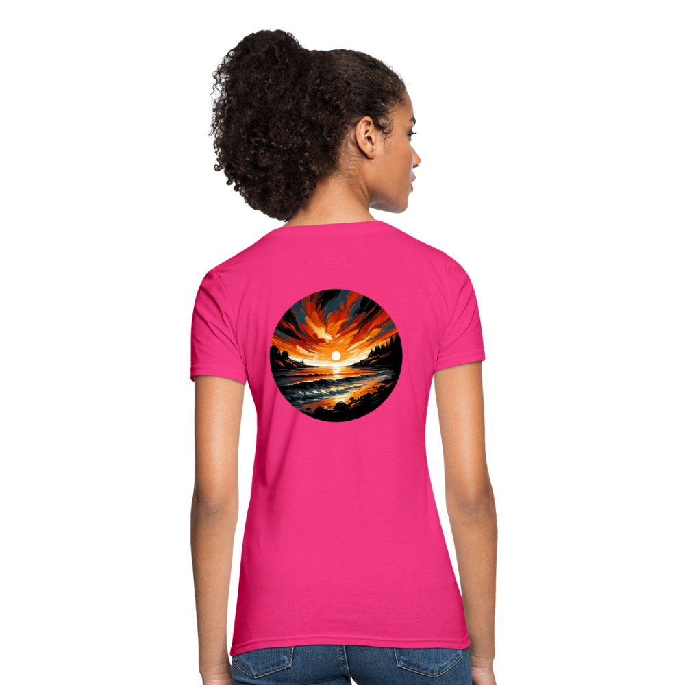 Women's Beach Sunset Graphic T-Shirt with Logo - fuchsia