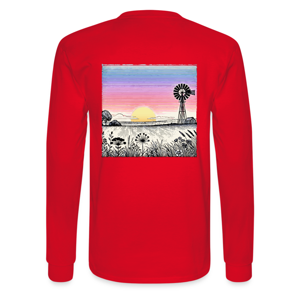 Men's Colored Prairie Landscape Graphic Long Sleeve Shirt with Logo - red