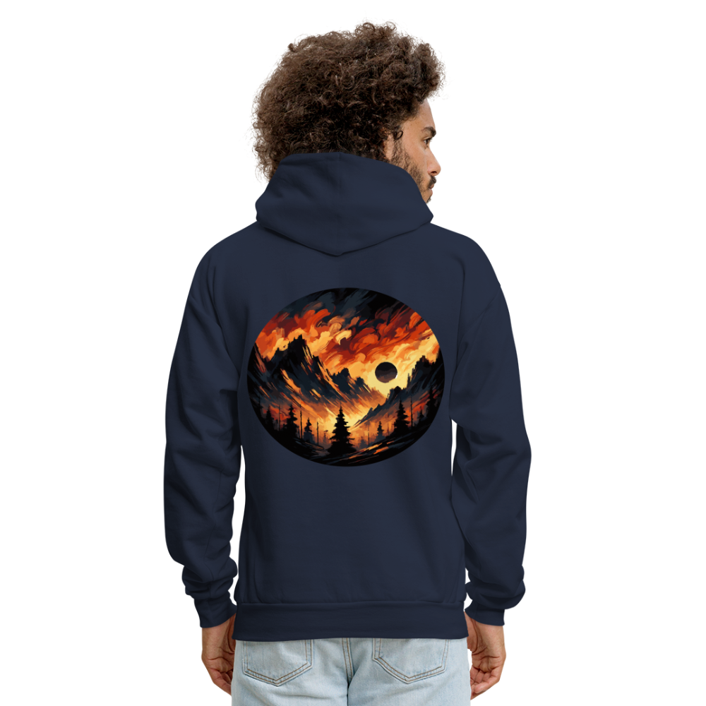 Men's Brushed Orange and Black Mountain Range Graphic Hoodie with Logo - navy