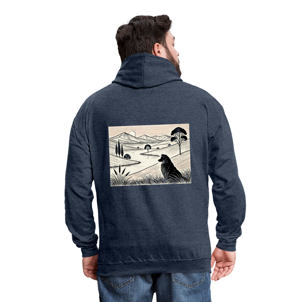 Australian Shepherd Prairie Graphic Unisex Contrast Hoodie with Logo - indigo heather/asphalt