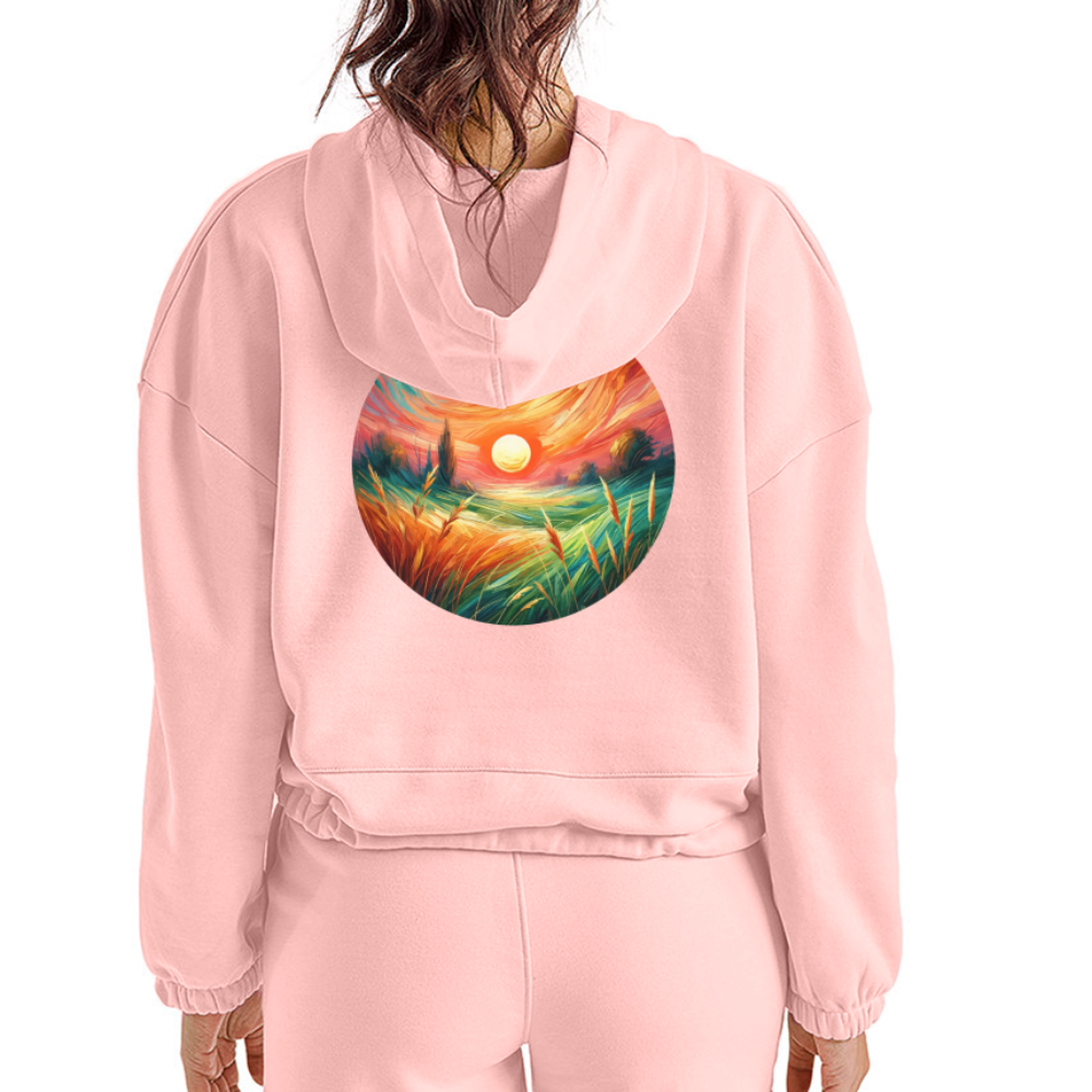 Women’s Pink Wheat Field Graphic Cropped Hoodie with Logo - light pink