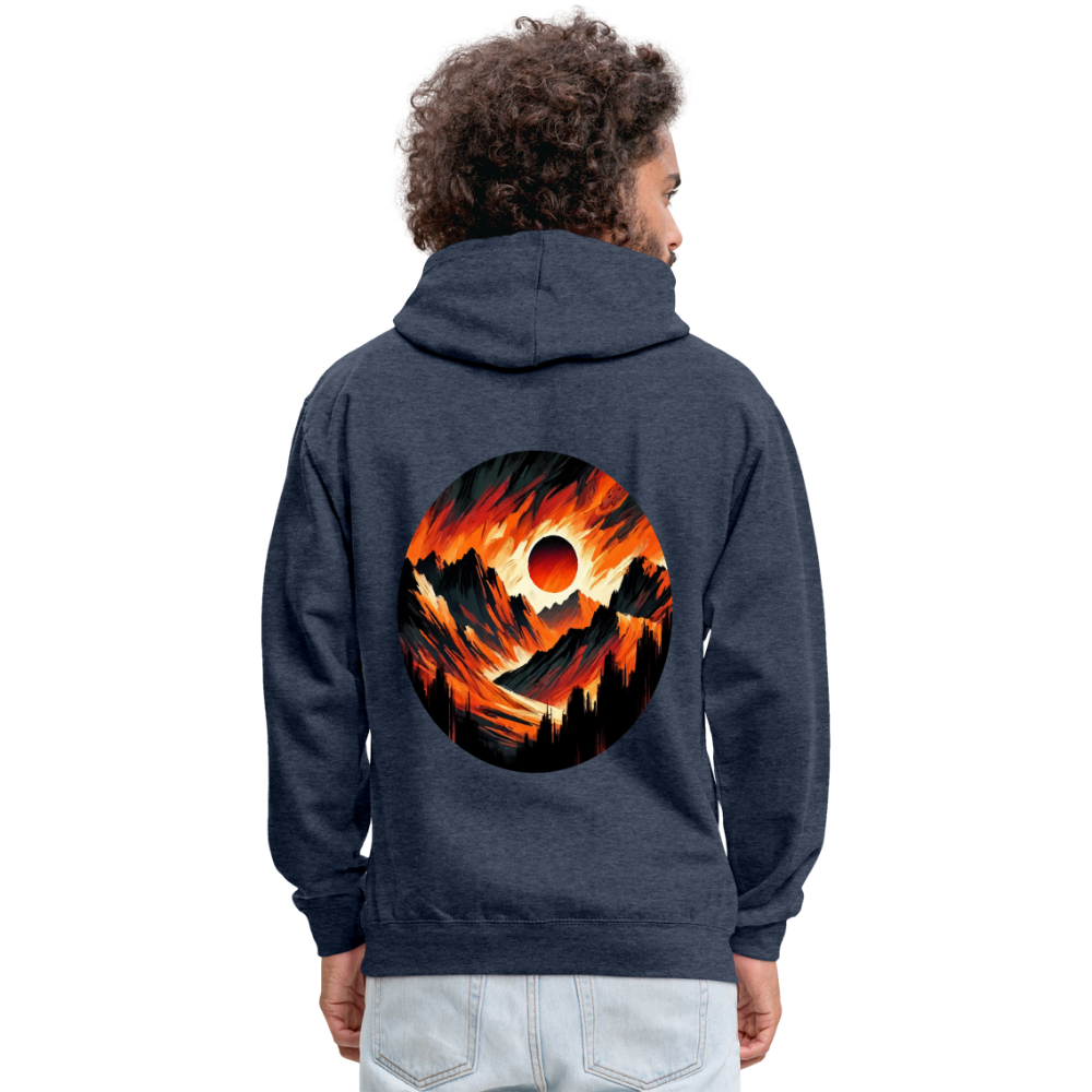 Orange and Black Mountain Range Graphic Unisex Contrast Hoodie with Logo - indigo heather/asphalt