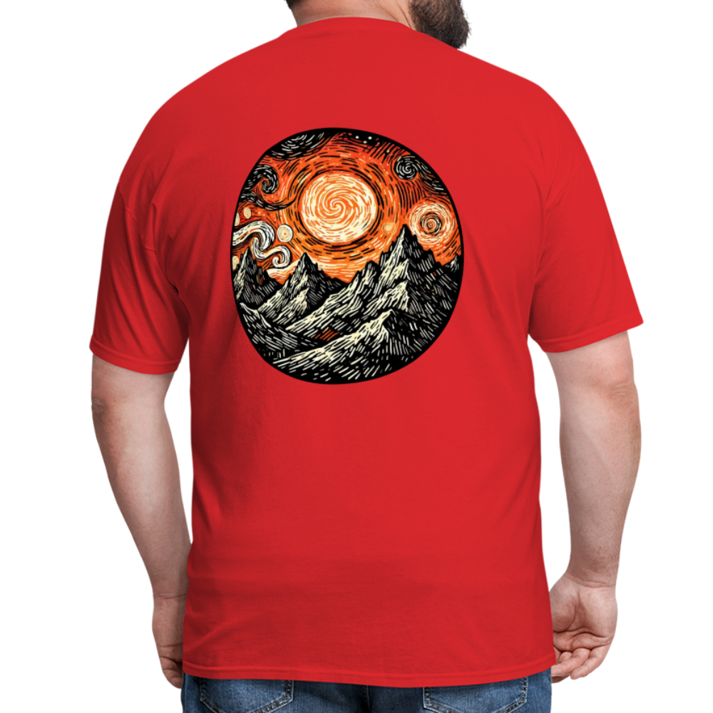 Orange Swirling Mountains Graphic Unisex Classic T-Shirt with Logo - red