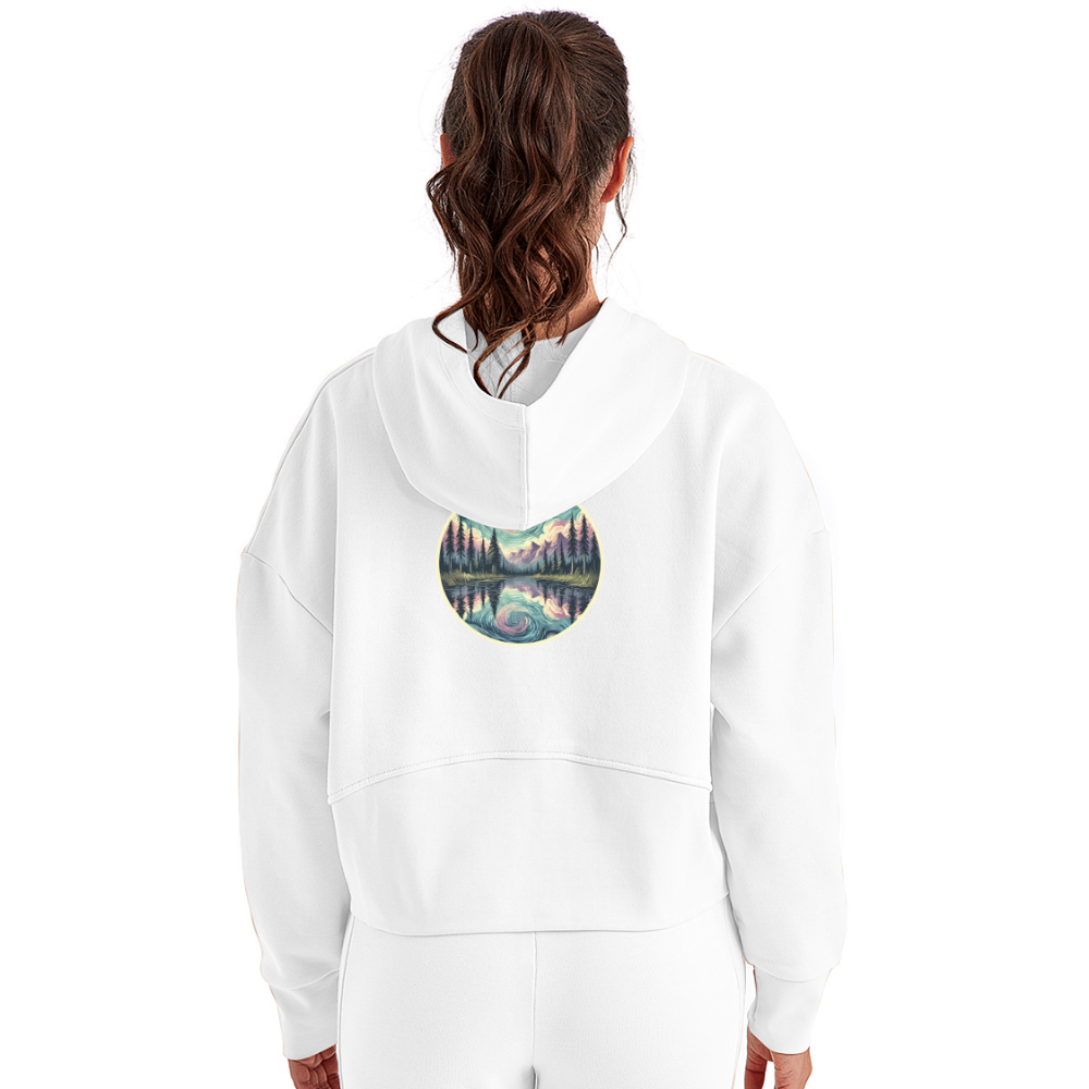 Women's Purple Swirling Sky Reflected on Lake Graphic Half Zip Cropped Hoodie with Logo - white