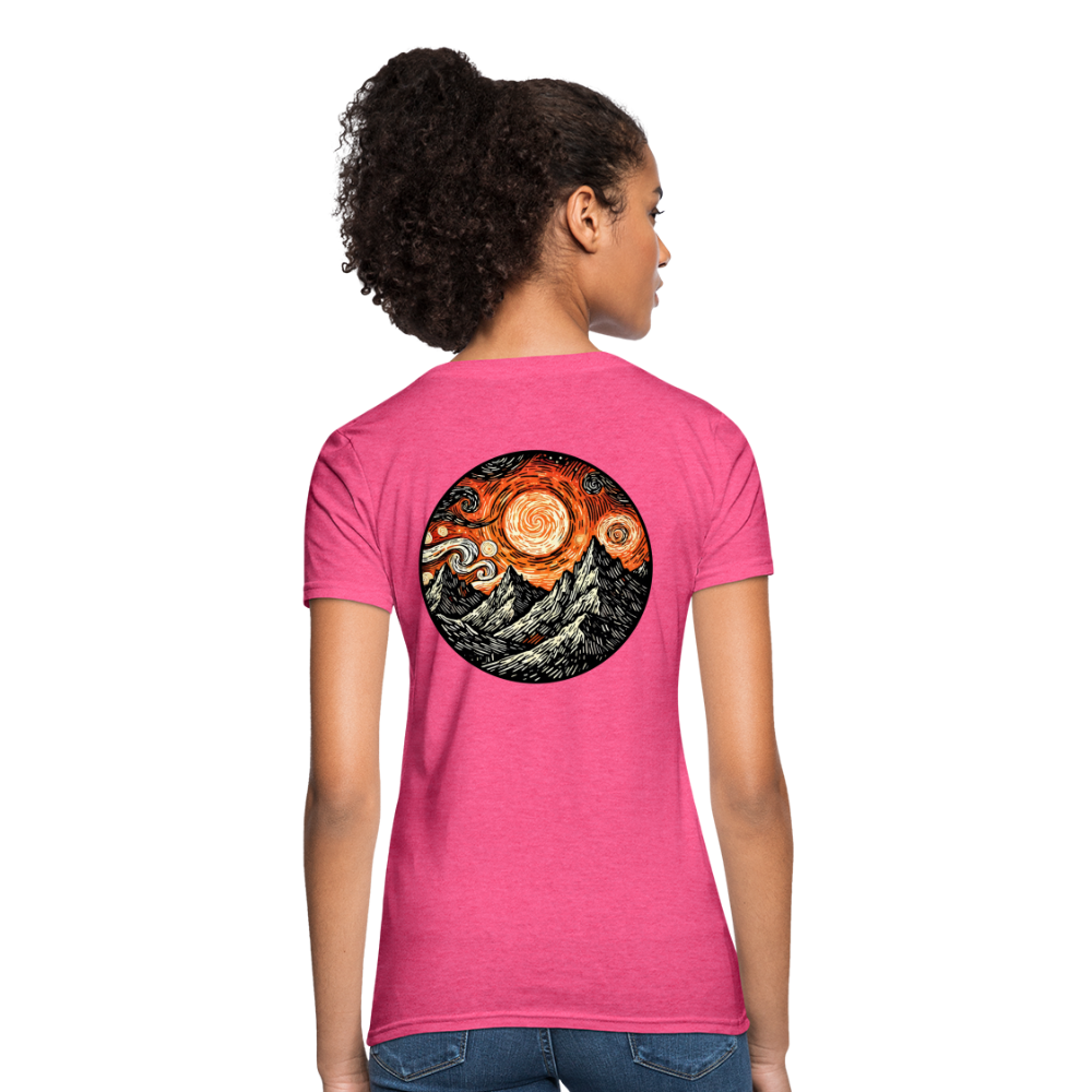 Women's Orange Swirling Mountains Graphic T-Shirt with Logo - heather pink