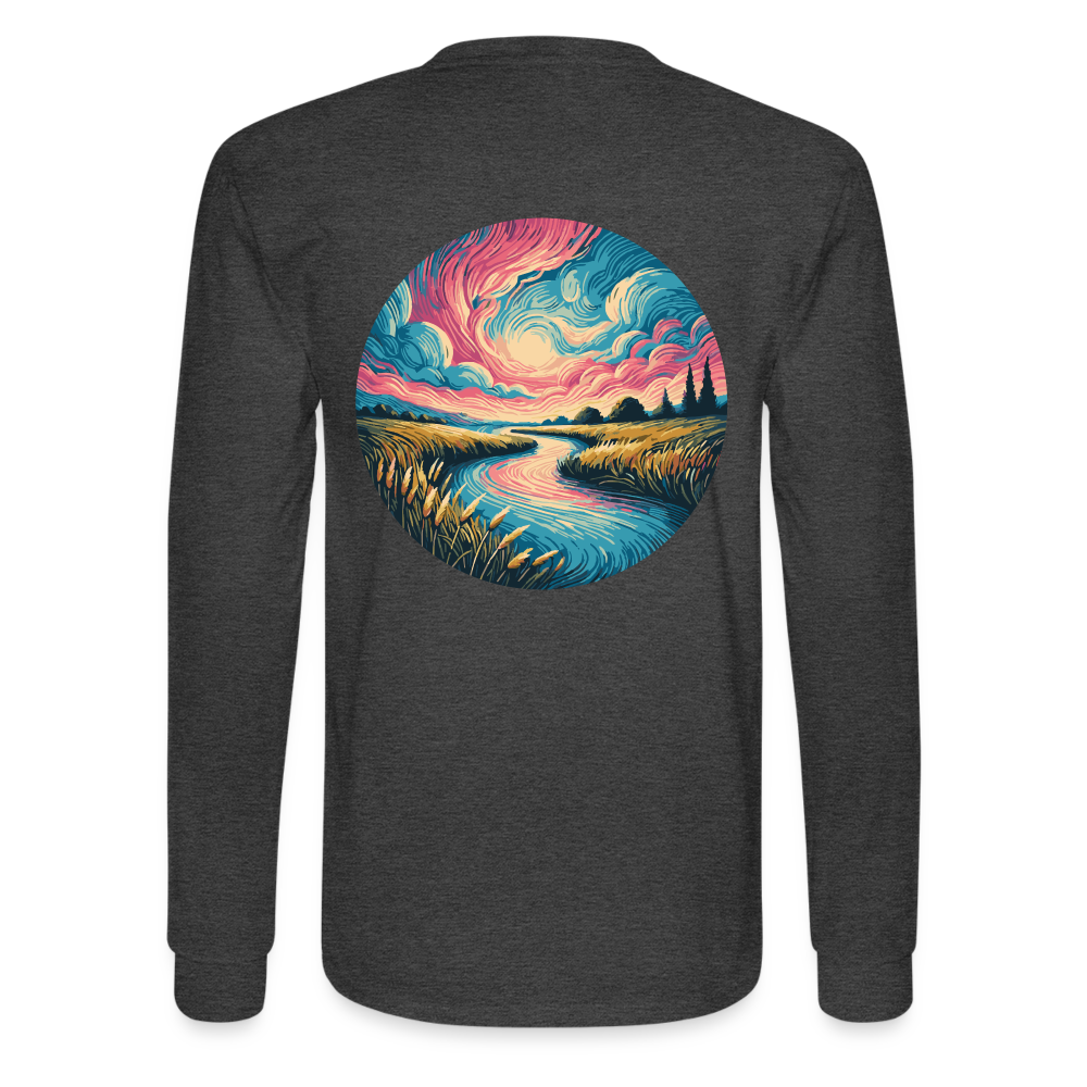 Men's River Pink and Blue Sky Graphic Long Sleeve Shirt with Logo - heather black